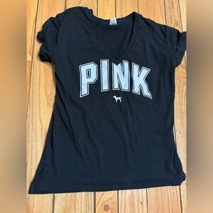 Victorias Secret Black V-Neck T-Shirt with PINK Logo size medium